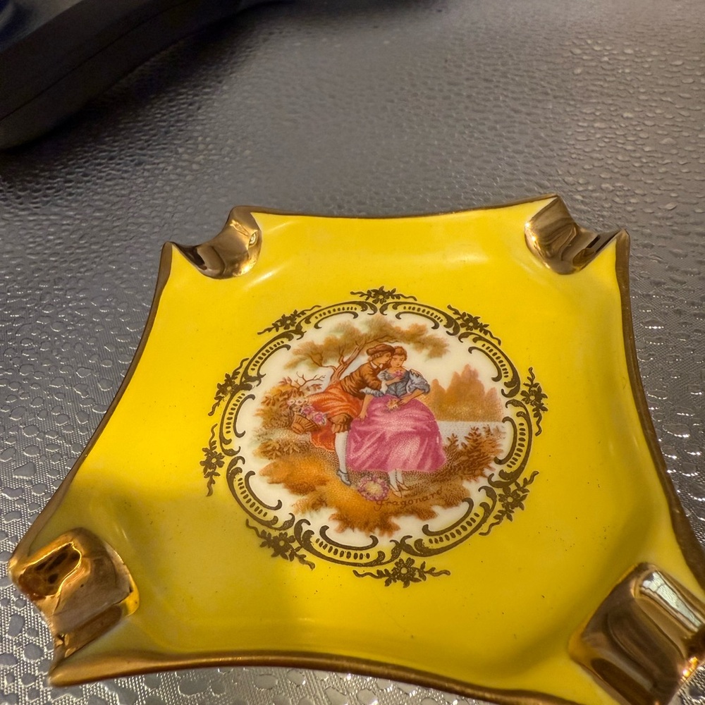 Vintage Rare  Find Limoges Vibrant Yellow Porcelain Ashtray from France.